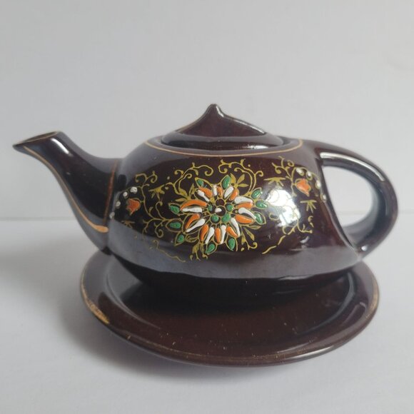 Vintage Brown Ceramic Teapot With Lid & Saucer Hand-Painted Floral & Butterfly D - Picture 1 of 11